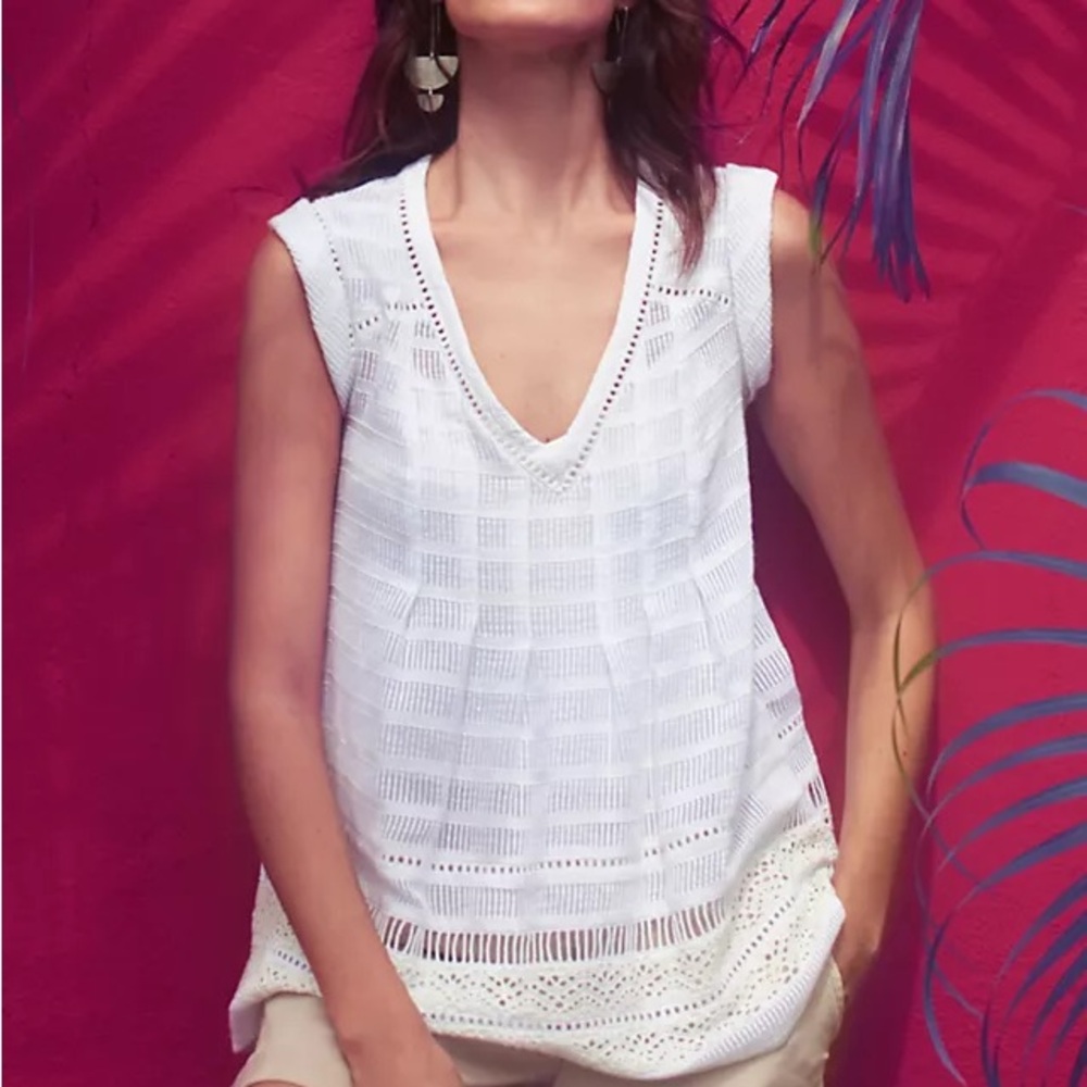 Maeve White Crochet Knit V-Neck Sleeveless Top
